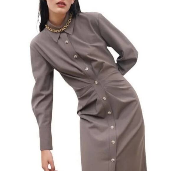 Zara | Blogger Fav Taupe Brown Draped‎ Ruched Front Midi Button-down Dress Sz M - Picture 8 of 12